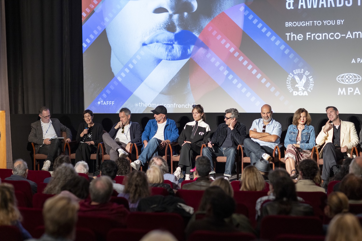 MEET THE DELEGATION (From L to R: Moderator Wade Major, Writer/Director/Author Christine Angot, Writer/Director Stanislas Carré de Malberg, Writer/Director Julien Colonna, Actress Sanda Codreanu, Composer Jérôme Rebotier, Writer/director Marc Fitoussi, Writer/Director Anne Fontaine, Actor Melvil Poupaud)