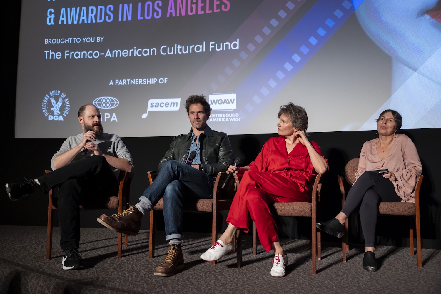 FOCUS ON COMPOSERS: CLEMENT DUCOL & – CAMILLE – (From L to R: Moderator Tim Grieving, Composer & Song Writer Clement Ducol, Composer & song Writer – Camille -, Interpreter Nanette Gobel)